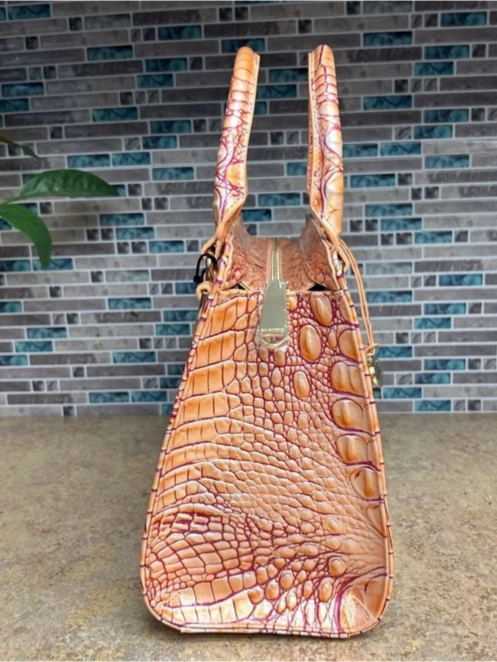 Brahmin Iridescent Peach-Pink Croc-Embossed Satchel and wallet with Gold Accent